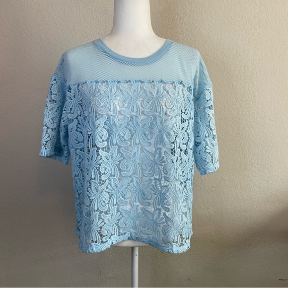 Loft Ann Taylor Loft Lace Blossoms Crop Tee Blue Blogger Favorite Size Large - Picture 2 of 8